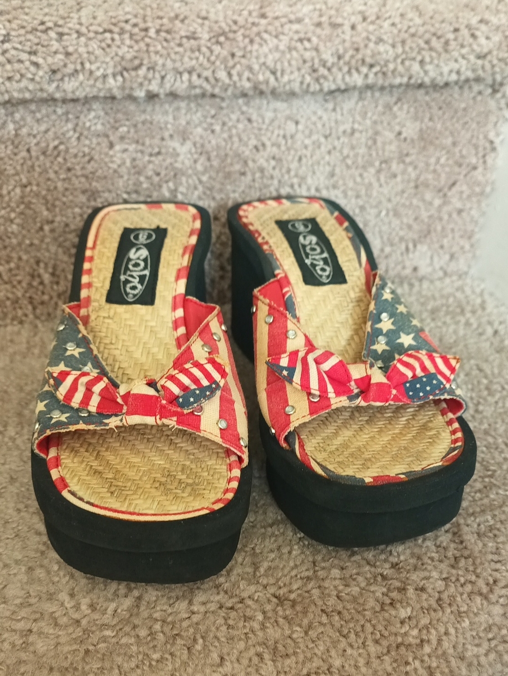 Soho Red, Blue and White Patriotic Platform Wedge Sandals with Bow